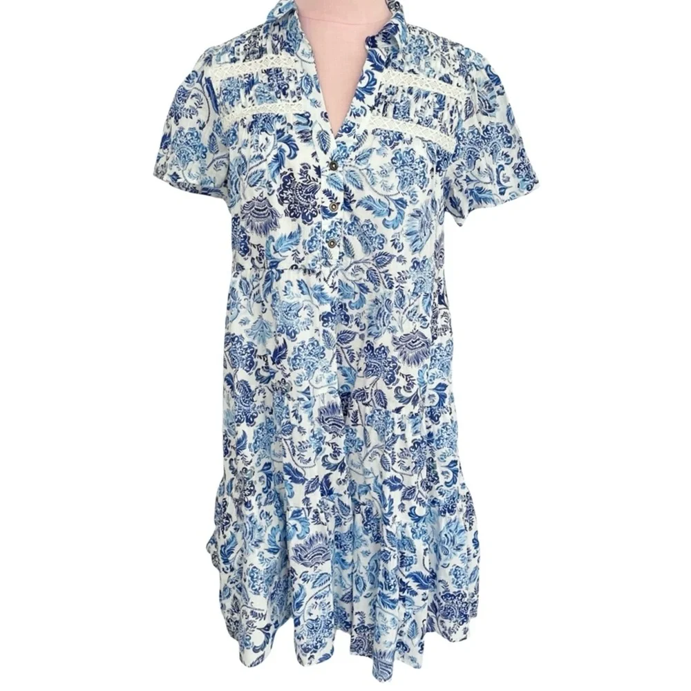 Anthropologie Short Sleeve Button Front Tiered Dress Size XS NWT